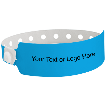 wide face vinyl wristbands with a placeholder to show where you can customize the wristband in neon blue 