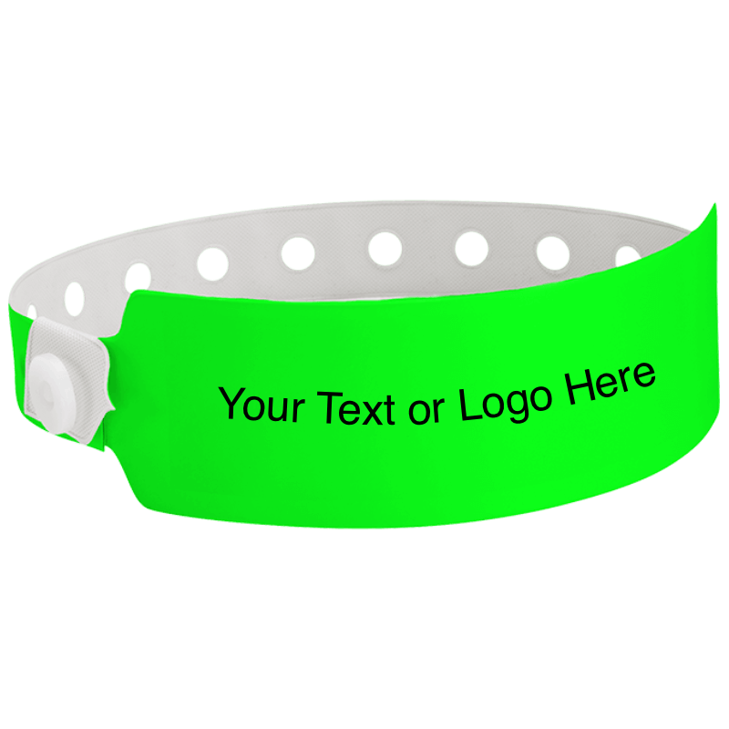 wide face vinyl wristbands with a placeholder to show where you can customize the wristband in neon green
