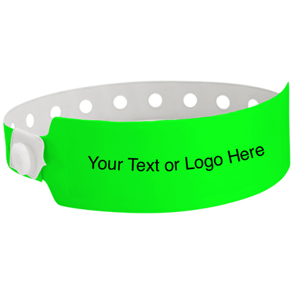 wide face vinyl wristbands with a placeholder to show where you can customize the wristband in neon green