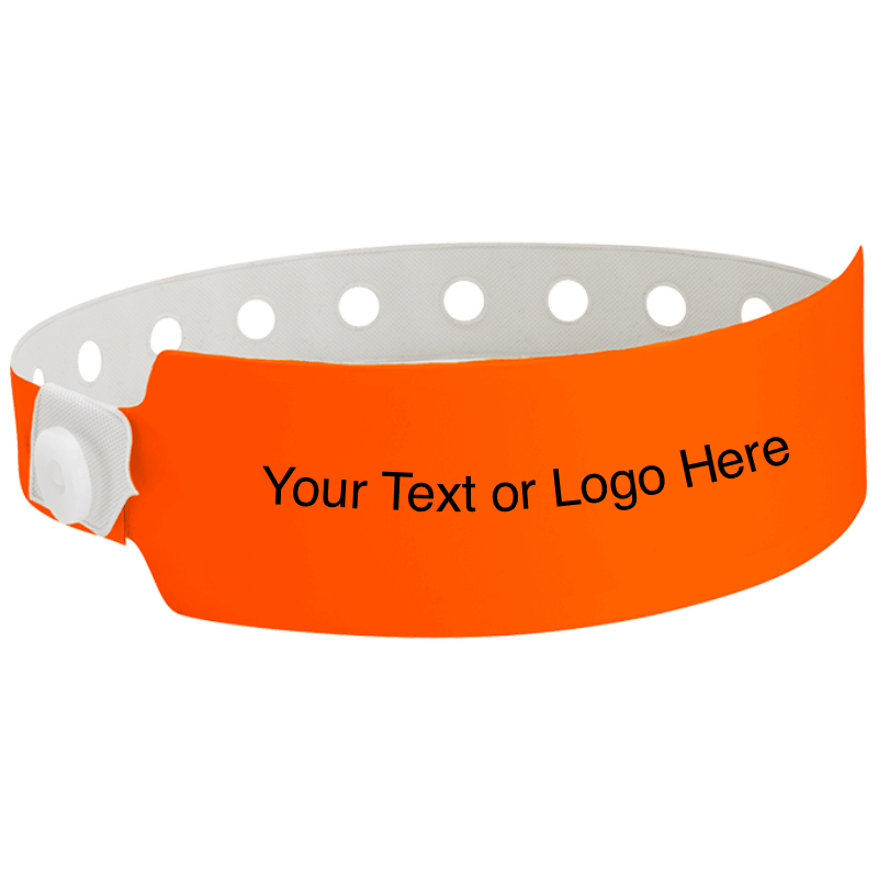 wide face vinyl wristbands with a placeholder to show where you can customize the wristband in neon orange