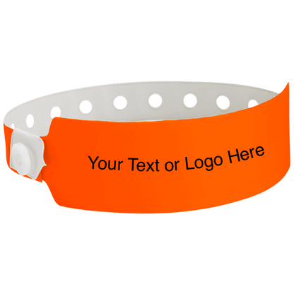 wide face vinyl wristbands with a placeholder to show where you can customize the wristband in neon orange