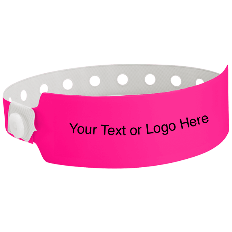 wide face vinyl wristbands with a placeholder to show where you can customize the wristband in neon pink