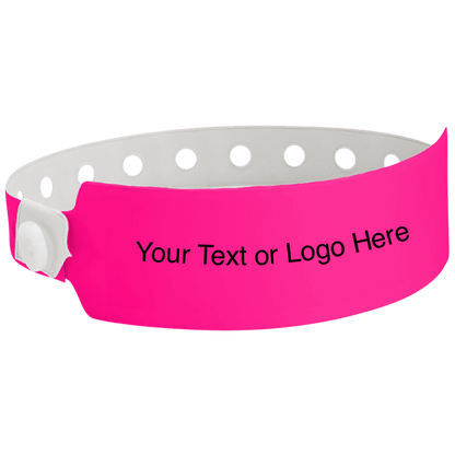 wide face vinyl wristbands with a placeholder to show where you can customize the wristband in neon pink