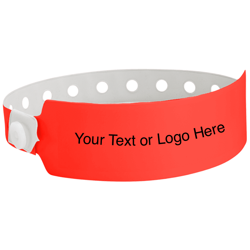 wide face vinyl wristbands with a placeholder to show where you can customize the wristband in neon red