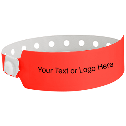 wide face vinyl wristbands with a placeholder to show where you can customize the wristband in neon red