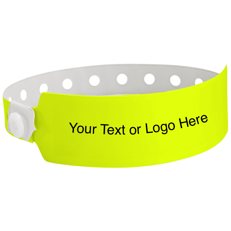 wide face vinyl wristbands with a placeholder to show where you can customize the wristband in neon yellow