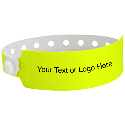wide face vinyl wristbands with a placeholder to show where you can customize the wristband in neon yellow