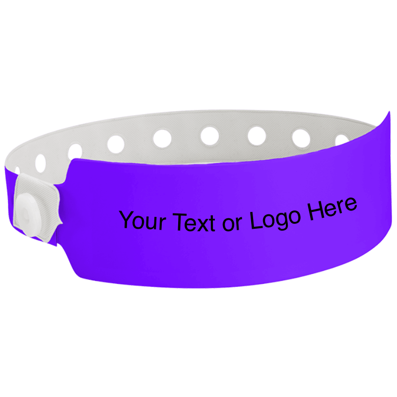 wide face vinyl wristbands with a placeholder to show where you can customize the wristband in purple