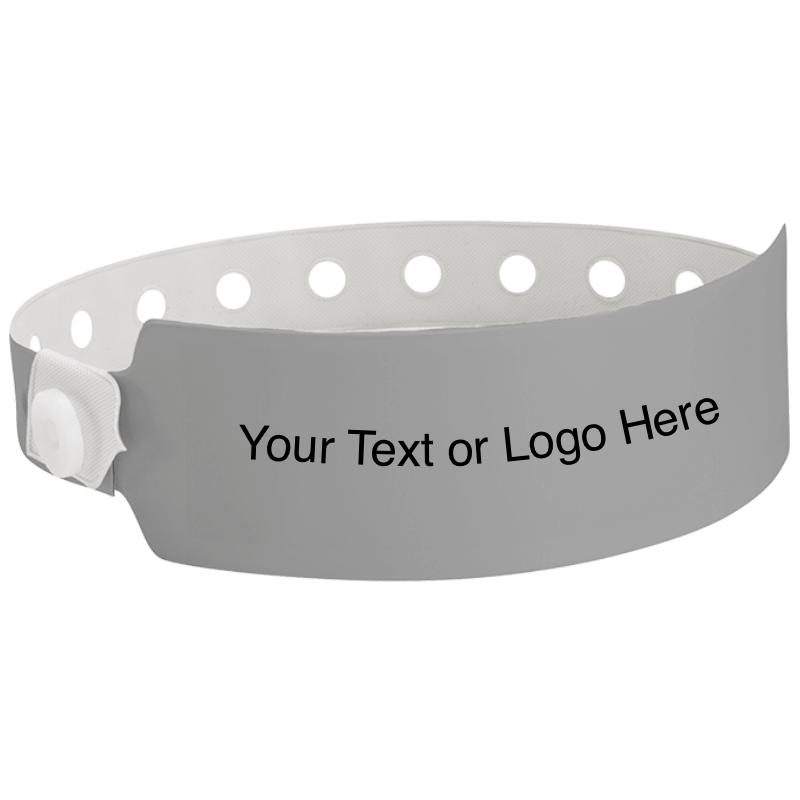 wide face vinyl wristbands with a placeholder to show where you can customize the wristband in silver