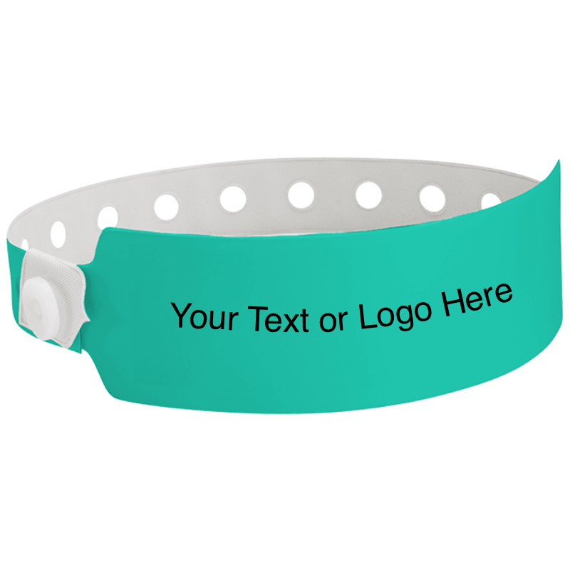 wide face vinyl wristbands with a placeholder to show where you can customize the wristband in teal 