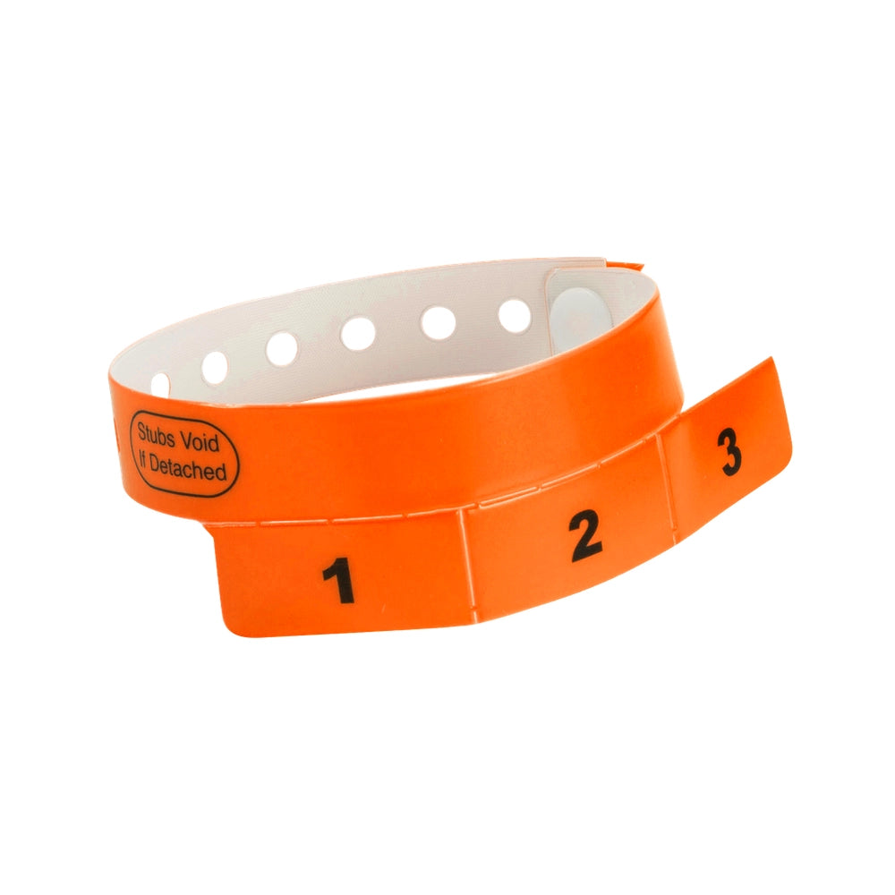 vinyl wristband with 3 tab in neon orange - round version shown 