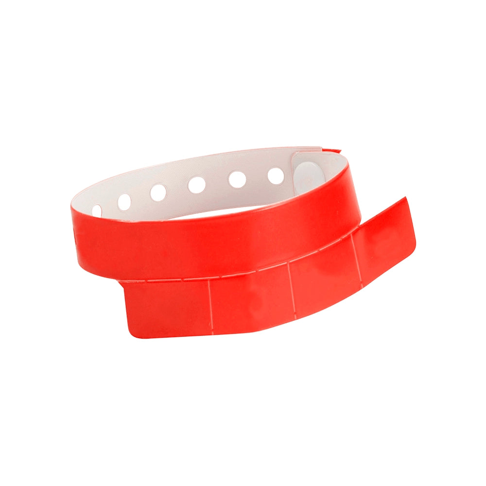 vinyl wristband with 4 tab in neon red - round version shown 