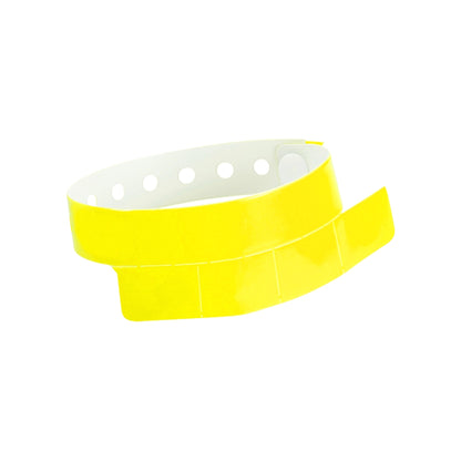 vinyl wristband with 4 tab in neon yellow - round version shown 