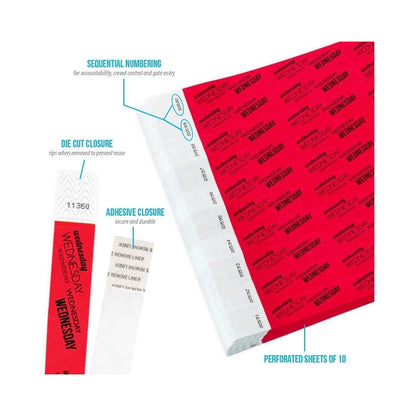 Product packaging with die cut closure, sequential numbering, durable adhesive closure, and perforated sheets of 10; shown in a neon red tyvek wristband with black wednesday text repeated