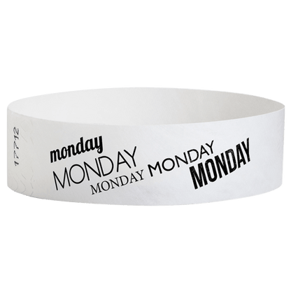 white tyvek wristband with monday text in black ink - round version shown