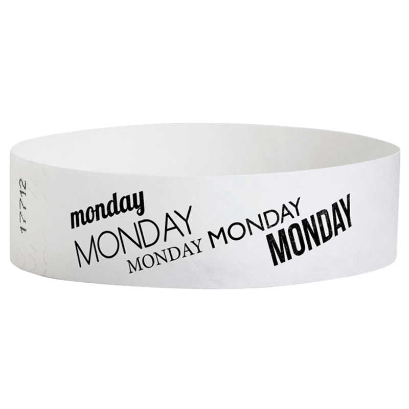 white tyvek wristband with monday text in black ink - round version shown