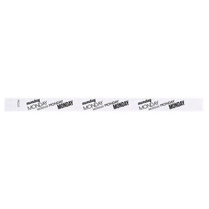 white tyvek wristband with monday  text in black ink repeated