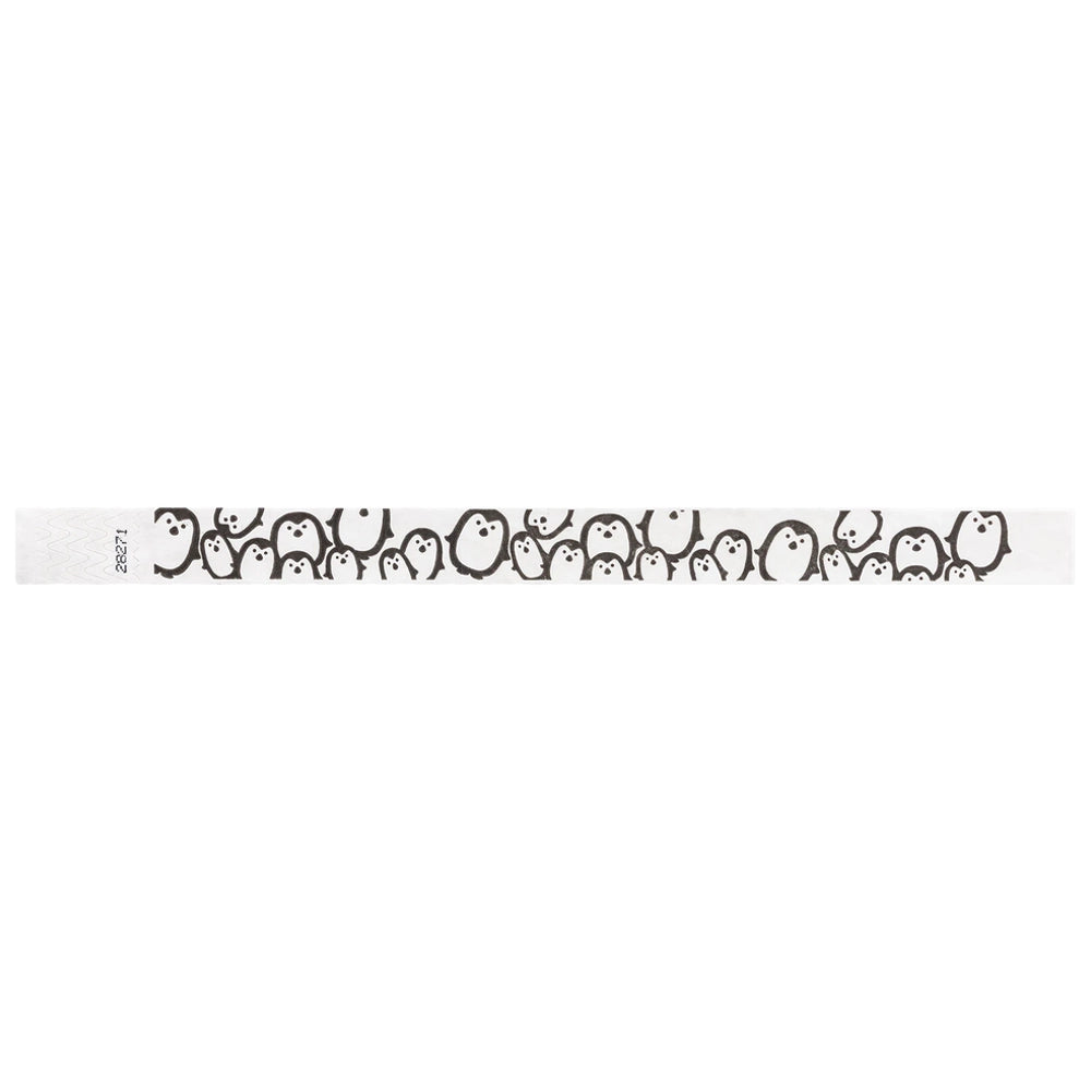 White Wristband with black penguins across the band - shown in flat 