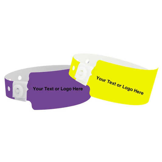 wide face plastic wristbands shown in purple and neon yellow with a placeholder to show where you can customize the wristband