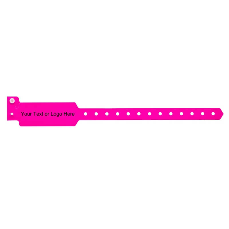 wide face plastic wristbands with a placeholder to show where you can customize the wristband on hand in neon pink
