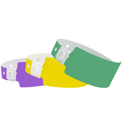 Wide face plastic solid wristbands shown in purple, pantone yellow and pantone green 