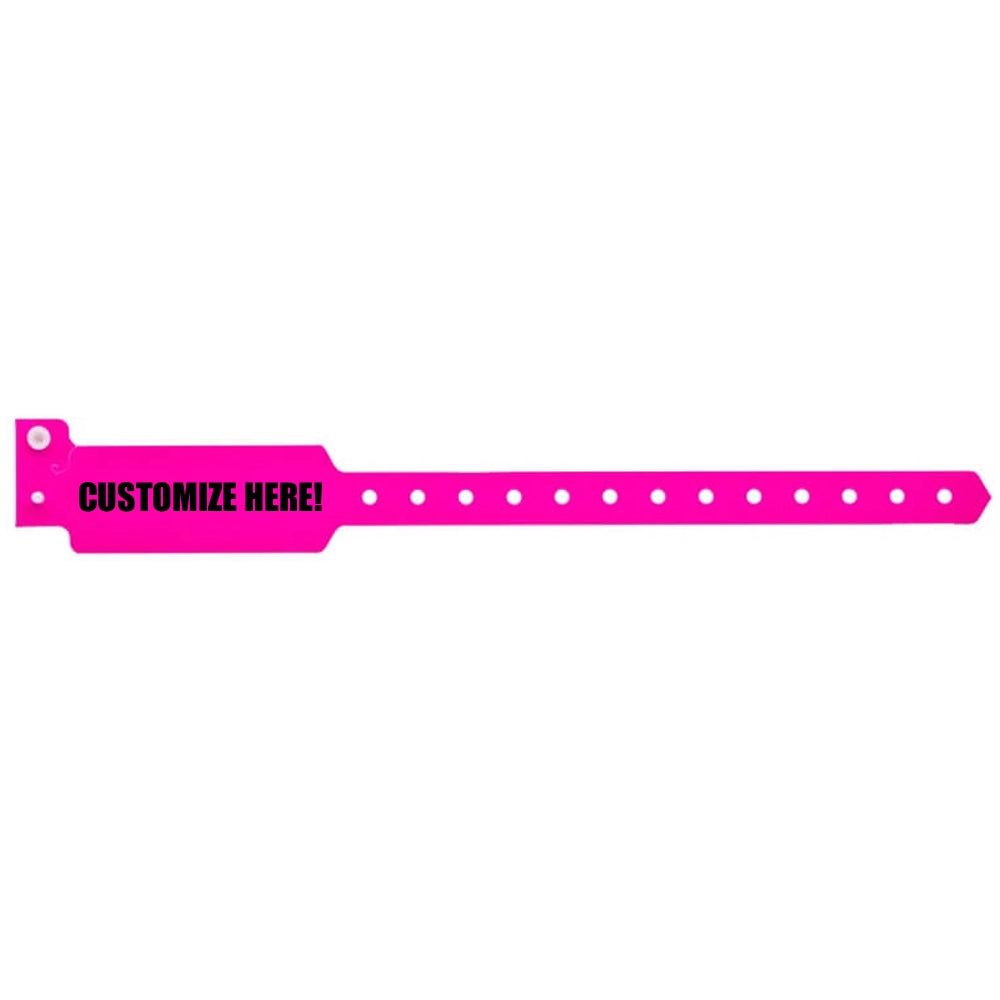 Plastic wide face wristband in neon pink with black text "CUSTOMIZE HERE!" - shown in flat 