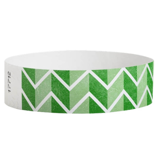 Green and white chevron patterned tyvek wristband - round version shown