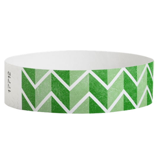 Green and white chevron patterned tyvek wristband - round version shown
