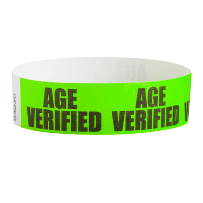 Neon Green tyvek wristband with 'AGE VERIFIED' text in black ink - round version shown
