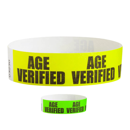 tyvek 3/4" wristband in neon green and neon yellow with black age verified text repeated