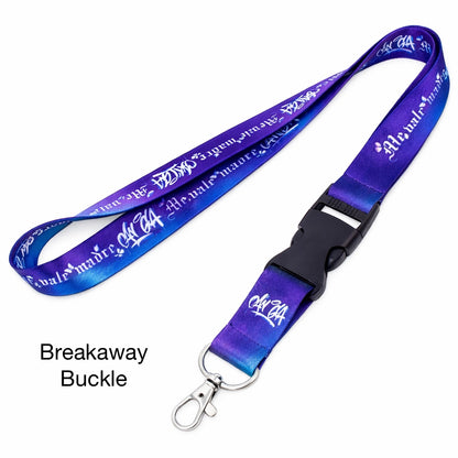 Blue / purple lanyard with a breakaway buckle on the bottom