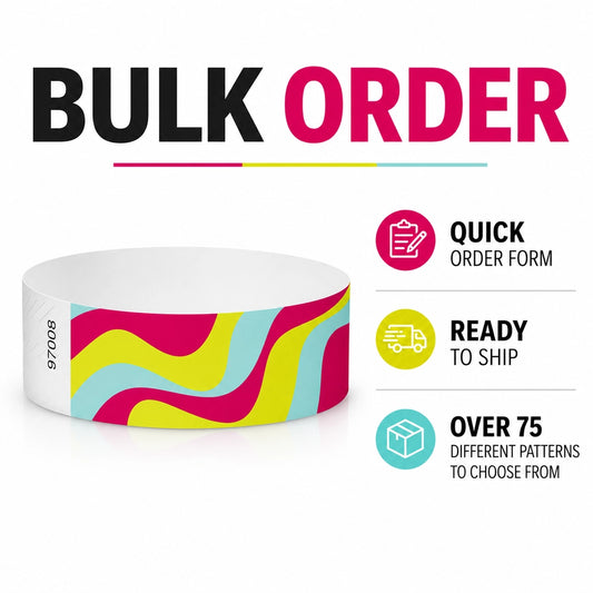 bulk order wristbands - showing with a groovy stripe wristband