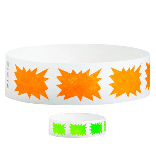 tyvek 3/4" white wristbands with a starburst pattern - one in neon orange and one in neon green