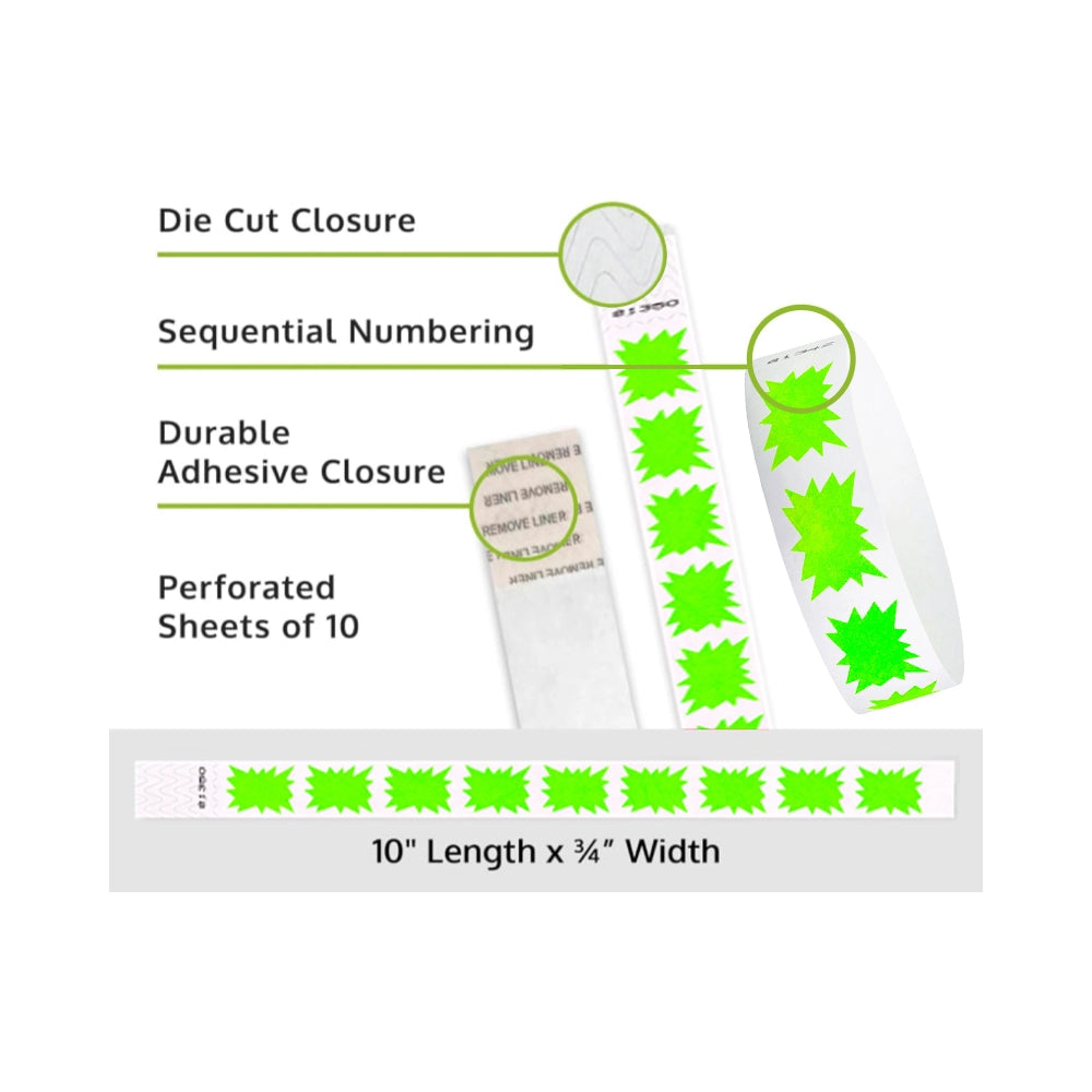 Product packaging with die cut closure, sequential numbering, durable adhesive closure, and perforated sheets of 10 on a white background shown in burst neon green