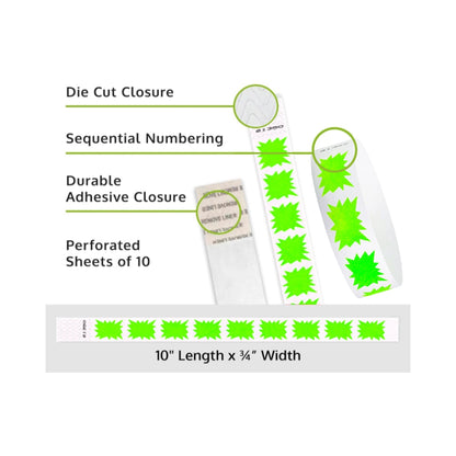 Product packaging with die cut closure, sequential numbering, durable adhesive closure, and perforated sheets of 10 on a white background shown in burst neon green