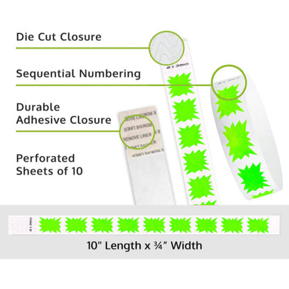 Product packaging with die cut closure, sequential numbering, durable adhesive closure, and perforated sheets of 10 on a white background shown in burst neon green