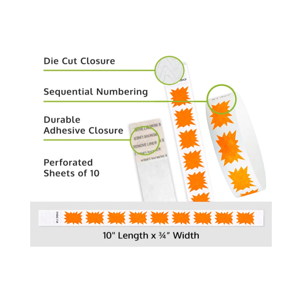 Product packaging with die cut closure, sequential numbering, durable adhesive closure, and perforated sheets of 10 on a white background shown in burst neon orange