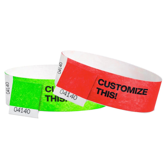 neon green and neon red tyvek 3/4" detachable stub with a place holder for customization