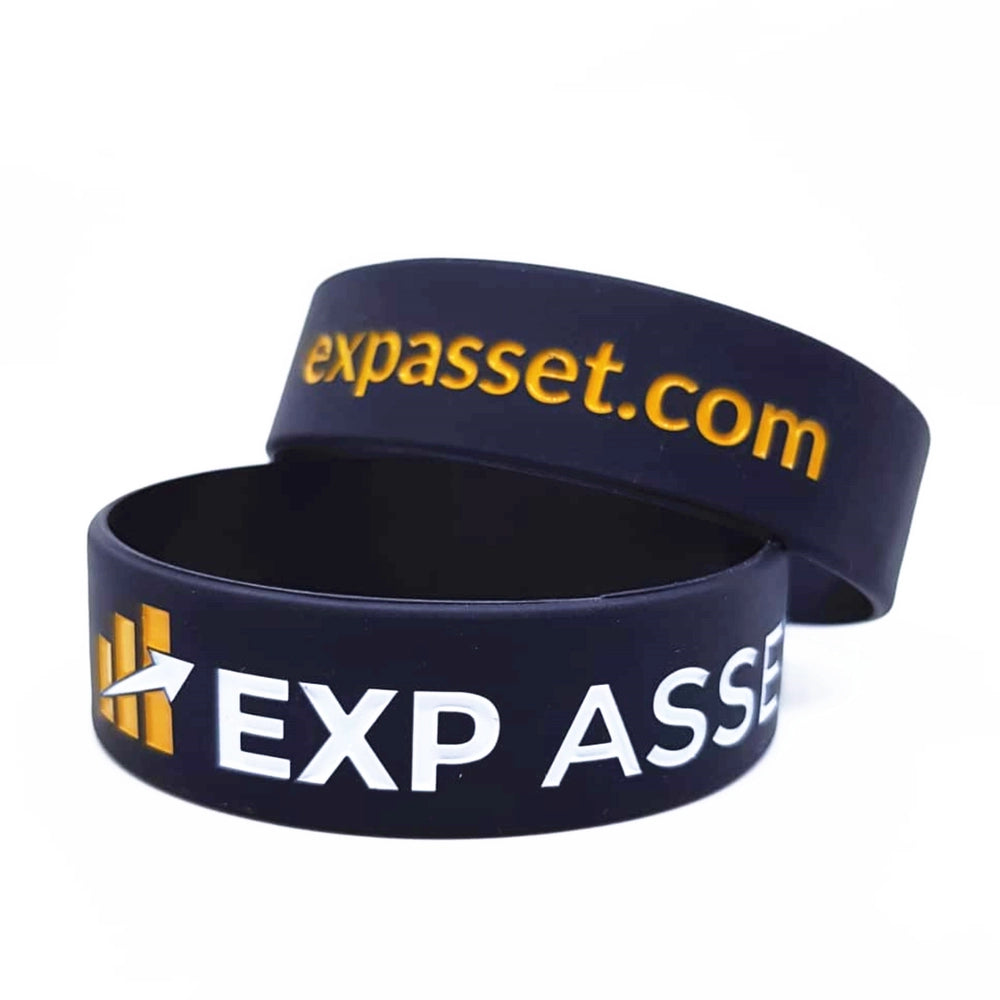 navy blue silicone wristbands with yellow and white ink filled design