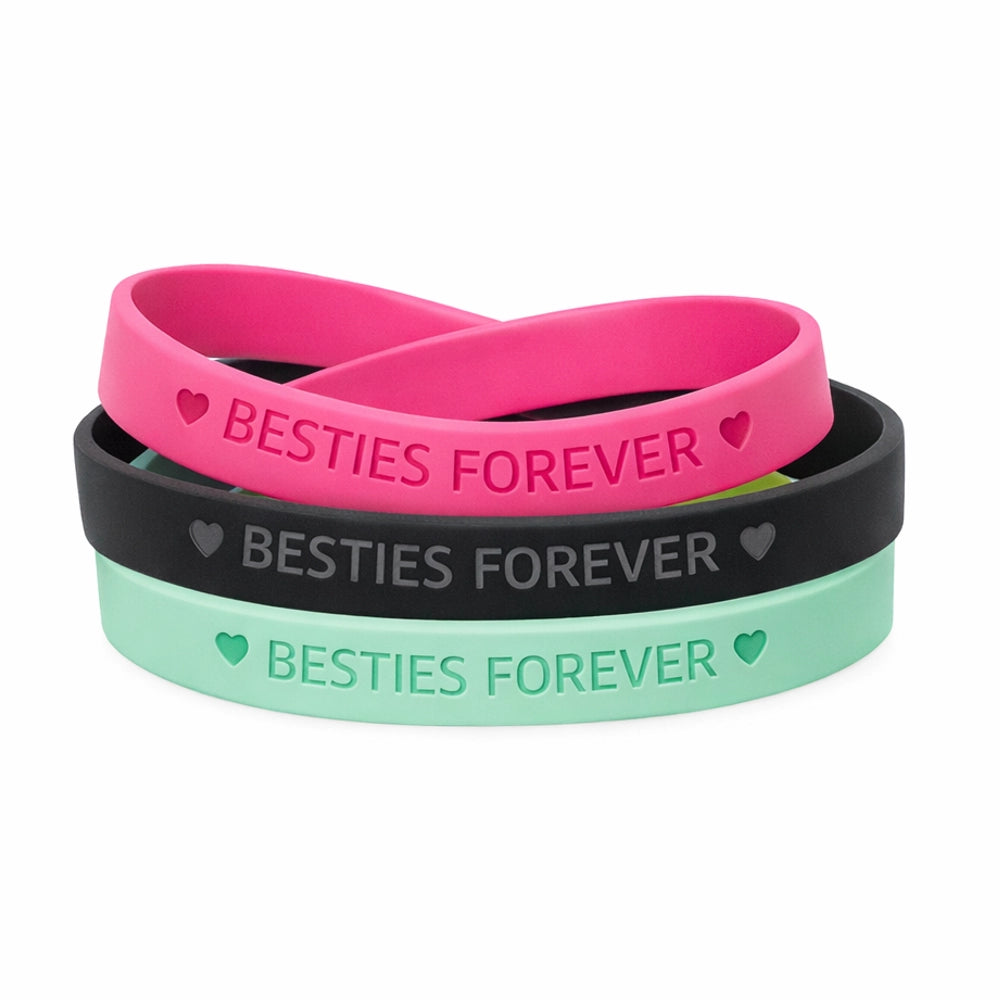 debossed silicone wristbands shown in light green, black and pink