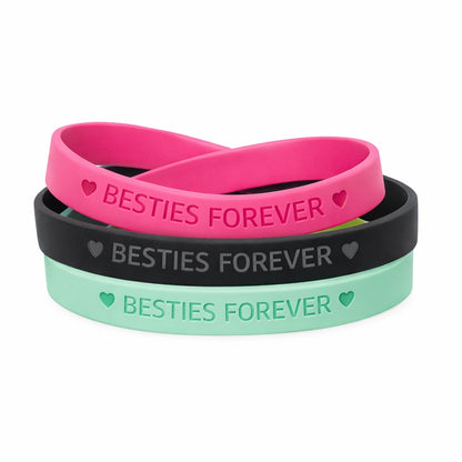 debossed silicone wristbands shown in light green, black and pink