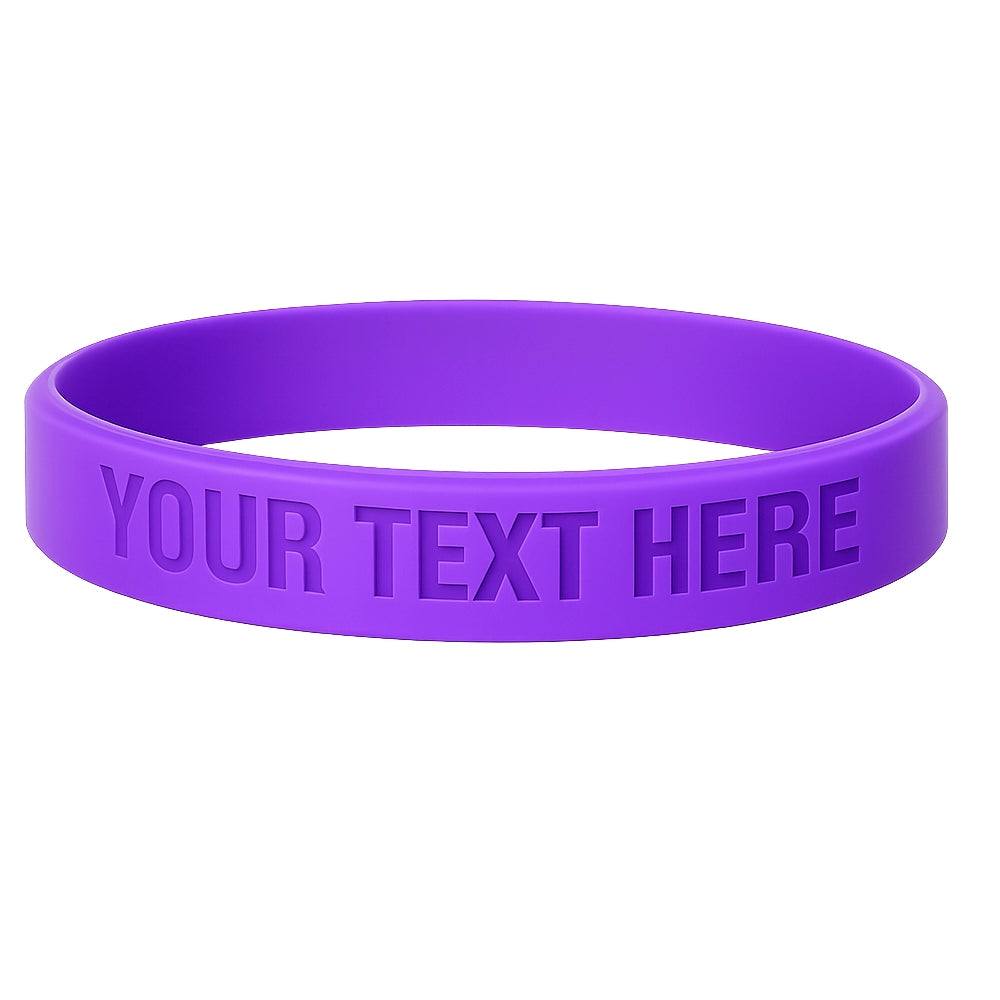 debossed purple wristbands with a placeholder to show where you can customize your artwork