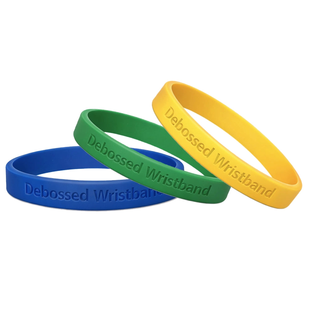 debossed silicone wristbands in blue, kelly green and yellow.