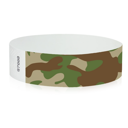 Camouflage-patterned tyvek wristband in army colours - round version shown