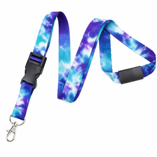 Tie-dye lanyard with a safety neck clip and a breakaway release at the bottom