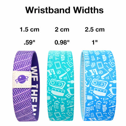 elastic fabric wristbands in different colours showing the widths available