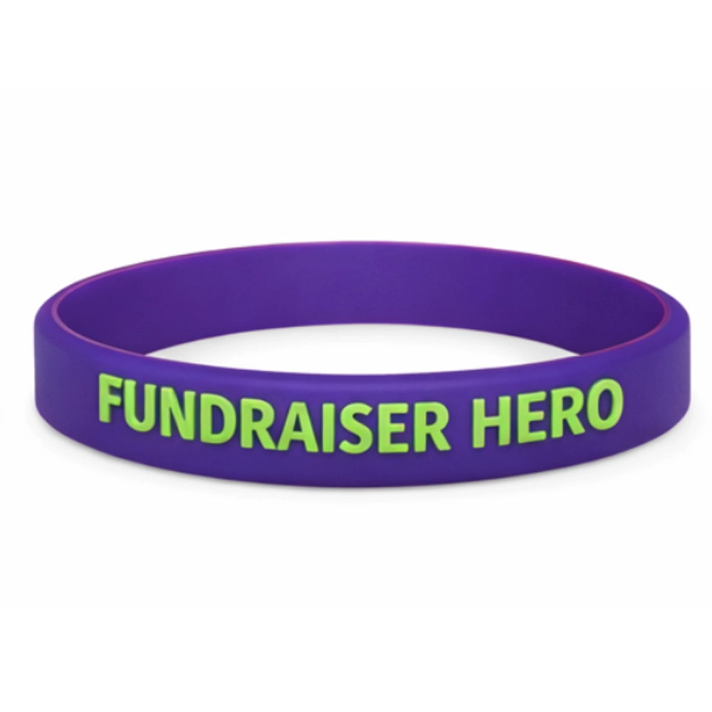 purple silicone wristbands with lime raised text
