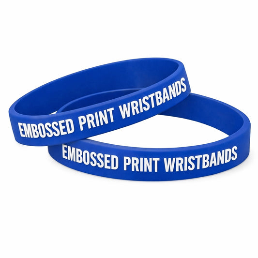 embossed printed wristbands in navy blue and white raised text
