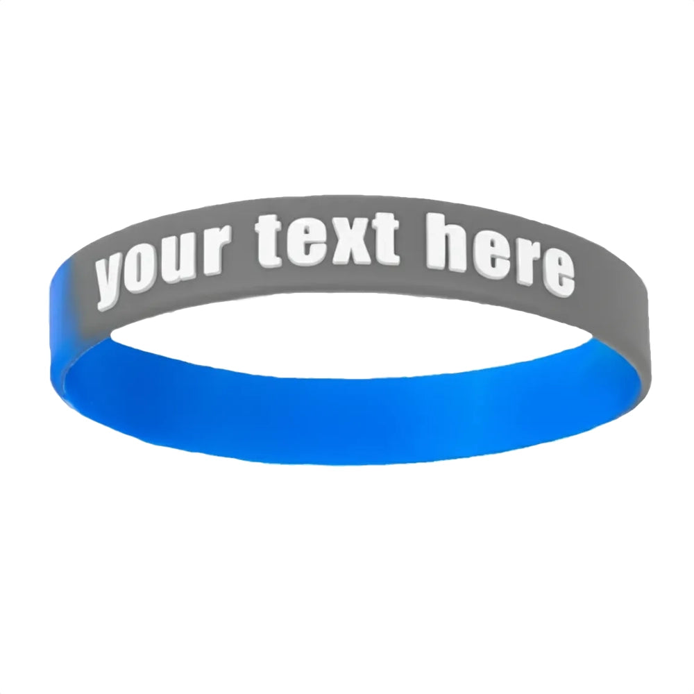 embossed blue and grey segmented silicone wristband with a placeholder for customization in white ink