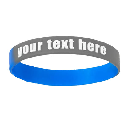 embossed blue and grey segmented silicone wristband with a placeholder for customization in white ink
